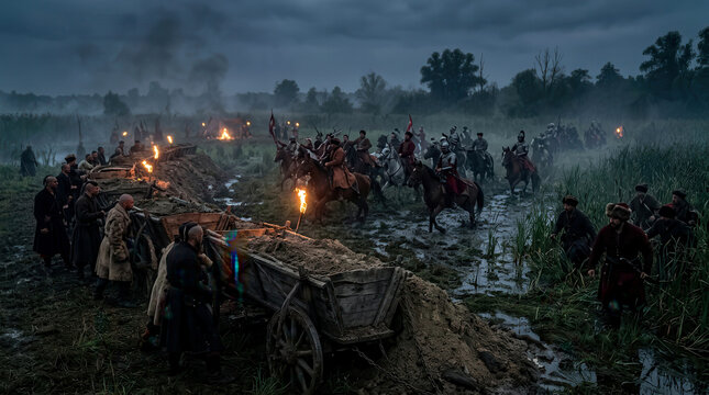 Cossack warriors on horseback and foot soldiers in a muddy field at night with torches