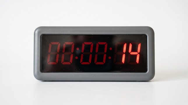 Modern Digital Clock Displaying Time 00 00 14 With Red LED Numbers On White Background