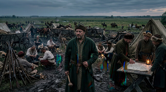 Cossack military camp with soldiers resting and planning strategy near wagons in a muddy field
