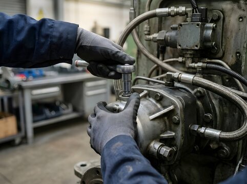 Industrial Worker Performing Maintenance on Heavy Machinery in Factory Workshop, Mechanical Engineering and Industrial Maintenance Concept