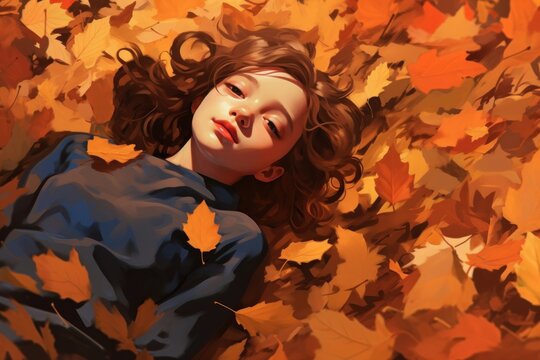 Girl lying on fall leave pile portrait leaves plant.