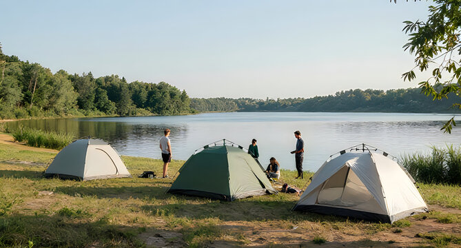 Group of people camping by lake with tents set up on grassy shore.