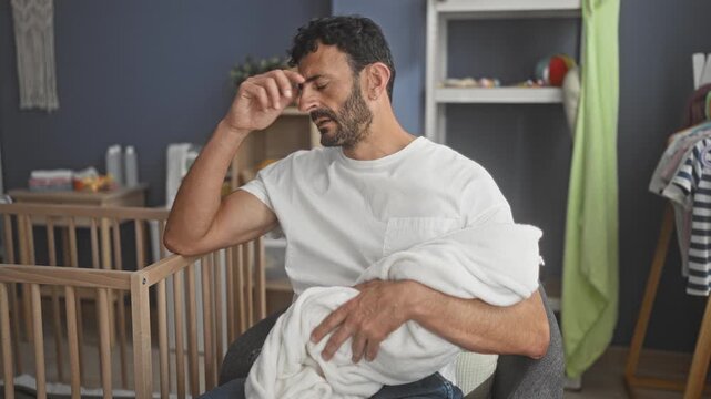 Man cradling a wrapped baby in a nursery beside a crib, rubs forehead while seated in a chair wearing white tshirt inside a building; exhaustion tenderness.