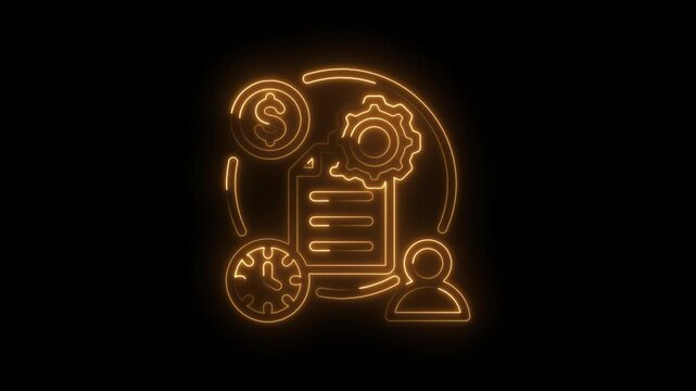 Business process management icon with glowing neon lines representing time money gears and person