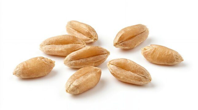 Scattered raw wheat kernels isolated on white background for food and agriculture design.