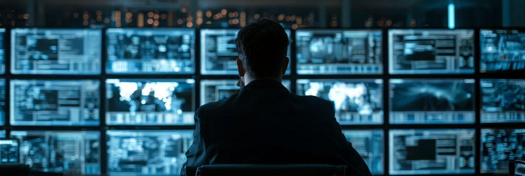 A focused individual monitors multiple screens in a control room, showcasing the intensity of surveillance and digital observation in modern technology.