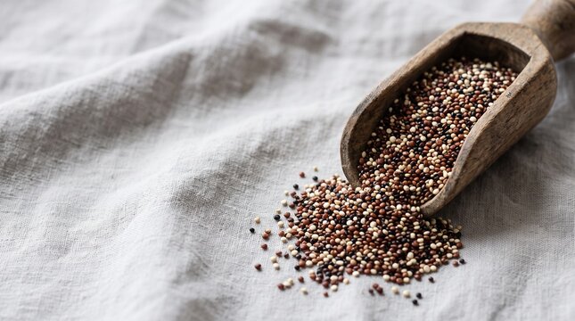 Mixed quinoa in wooden scoop on linen cloth spilling tricolor raw ancient grain for healthy plant based cooking preparation and clean eating wellness lifestyle with rustic styling and ample copy space