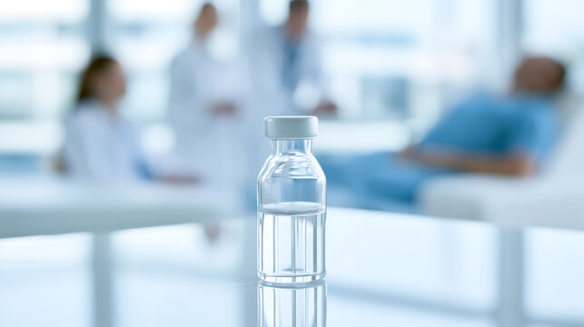 A clear glass medicine vial with white cap stands on a table inside a hospital room with blurred medical staff and patient in the bac