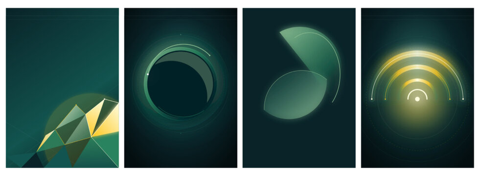 Futuristic dark green geometric backgrounds, set of 4 abstract glowing posters, minimalist emerald tech covers, modern vector templates for web design