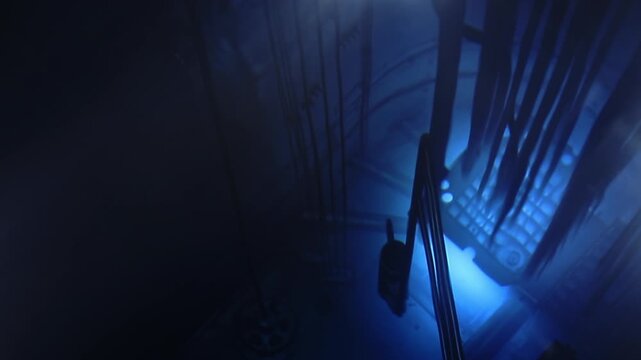 Work of nuclear reactor core powered with blue glow, top view.