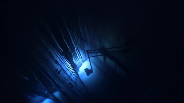 Top view Work of nuclear reactor core powered with blue glow radiation.