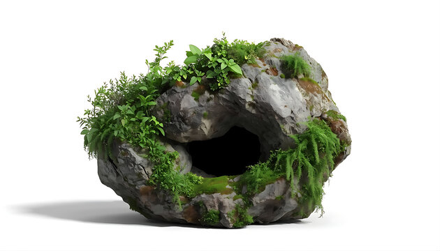 Mossy stone cave opening with green foliage isolated on white background image.