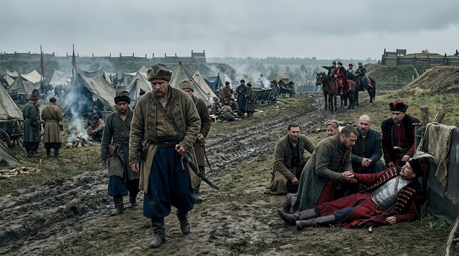 Cossack soldiers in a muddy military camp with a wounded comrade lying on the ground