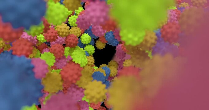 Colorful spiky balls falling and filling the frame in a playful 3D animation with alpha channel and 4K resolution.