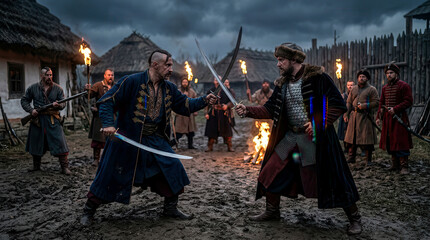 Obraz premium Two historical warriors in traditional clothing dueling with swords in a village at night
