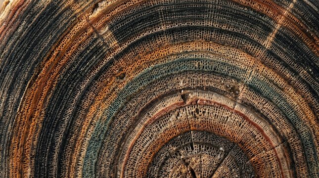 Petrified wood cross section texture with natural concentric rings and mineral patterns.