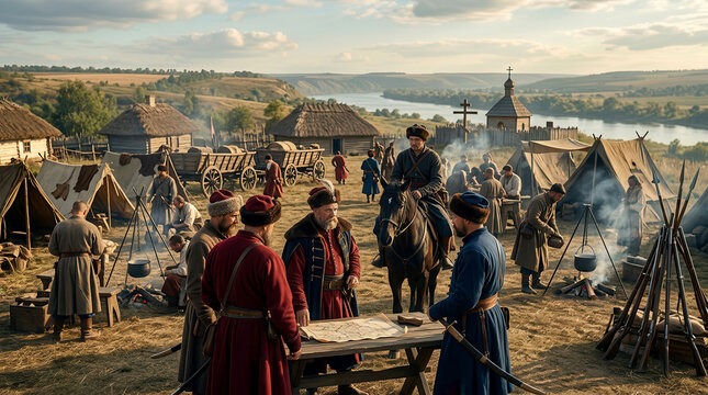 Cossack leaders planning military strategy at a historical encampment near a river with traditional tents