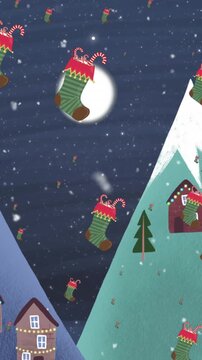 Animation of snow falling over christmas pattern and decorations