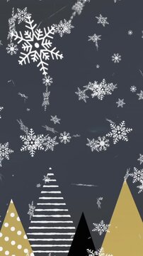 Animation of snow falling over christmas pattern and decorations