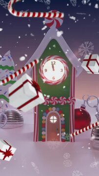 Animation of snow falling over christmas pattern and decorations