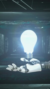 Animation of glowing light bulb over robot's arm and data processing on screens