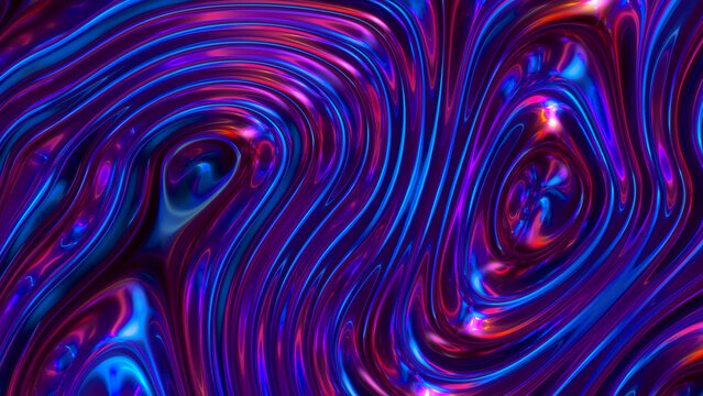 Abstract glossy liquid surface with swirling iridescent blue and magenta ridges and dotted highlights, with abstract, glossy, liquid, surface detail, showing swirling, iridescent, blue, magenta