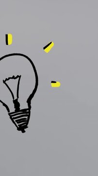Animation of drawing of light bulb with blinking yellow rays over white background