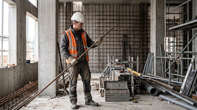 Multiskilled Worker Organizing Steel Reinforcement Bars