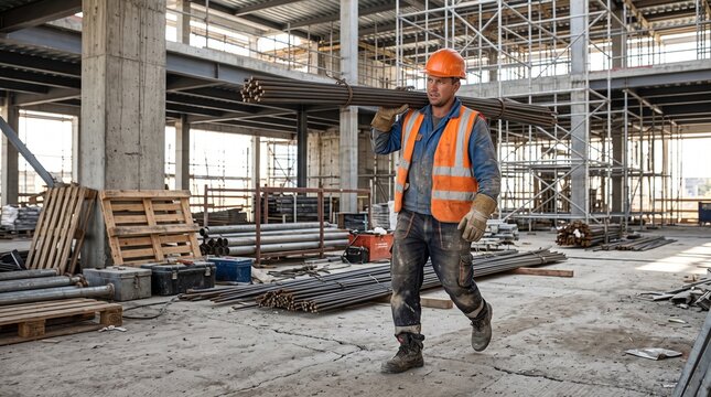 Multijob Repair Worker Holding Rebar Bundle