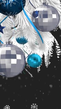Animation of christmas tree with baubles and decorations over snow falling on black background