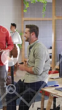 Animation of icons, graphs, map and computer language over diverse coworkers talking on tea break