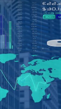 Animation of financial data processing over cityscape
