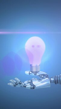 Animation of illuminated light bulb over hand of robot arm, with moving light on dark background