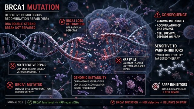 Conceptual illustration of brca1 mutation causing defective homologous recombination repair and unhealed dna breaks in cancer cells sensitive to parp inhibitors