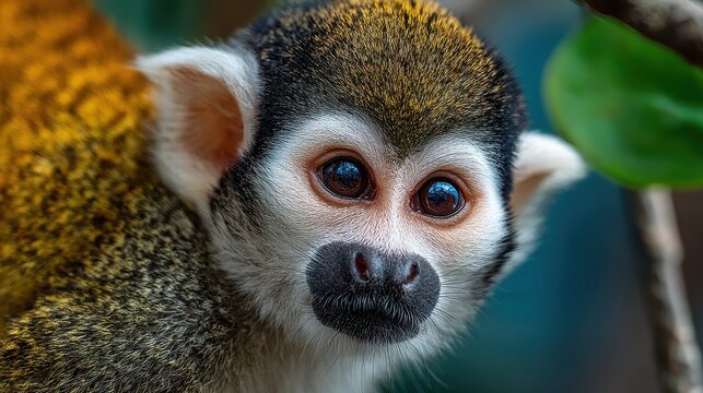 A close-up look at a squirrel monkey face, highlighting its expressive eyes, small black nose and interesting fur coat