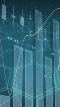 Animation of multiple graphs with numbers over hexagons with lens flares against blue background