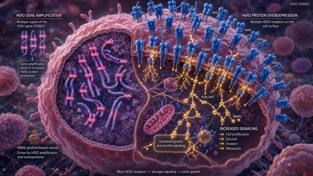 Scientific illustration of her2 gene amplification and heavy receptor overexpression on the plasma membrane of a breast cancer cell with active signaling