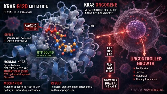 Kras mutation g12c or g12d showing the altered amino acid in the gtpase domain locked in the active gtp bound state inside a rapidly growing cancer cell