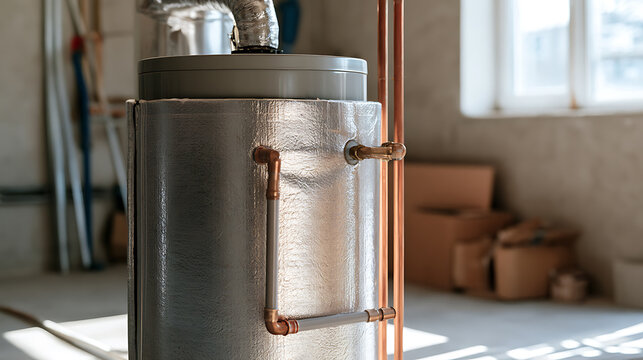 Water heater with insulation jacket and copper pipes in basement utility room, residential plumbing and home heating system installation