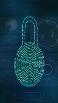 Animation of security padlock icon and light spot against interface with data processing