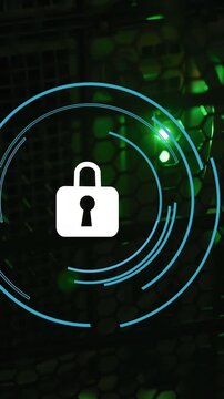 Animation of digital online security padlock over computer server
