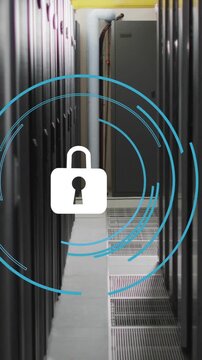 Animation of digital online security padlock over computer servers