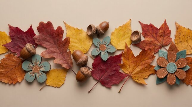 Autumn leaves, acorns, and decorative wooden flowers arranged on a beige background