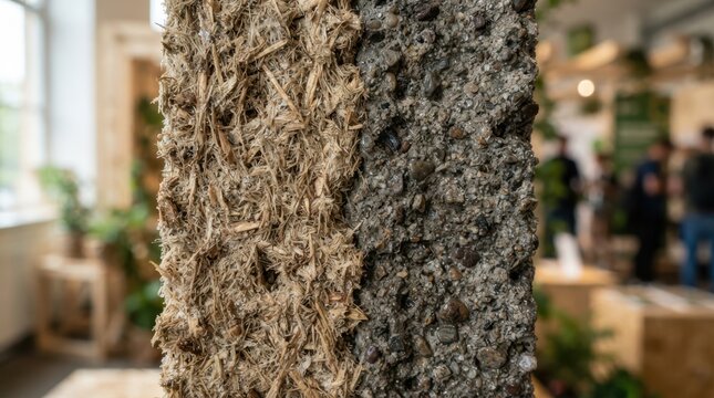Porous bio-based panel material with exposed aggregate concrete and water droplets at a green building exhibition