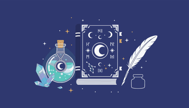Intriguing collection of magic items featuring a grimoire spell book, a glowing potion bottle, crystals, and writing quill.