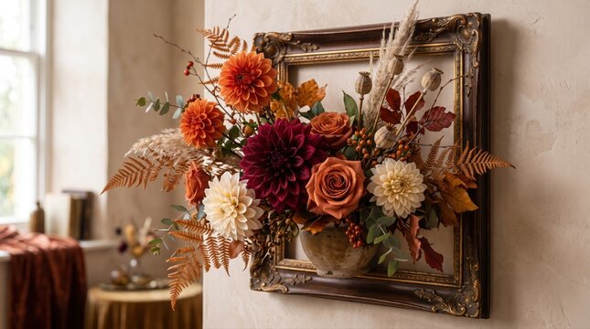 Autumnal floral arrangement in an ornate dark wood frame mounted on a beige wall