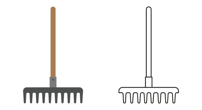 Garden rake depicted in color and outline styles against a white background