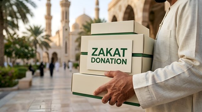 Zakat Donation Concept with Green Charity Box Against Mosque Architecture, Islamic Giving, Religious Charity and Social Support