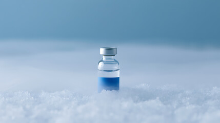 Obraz premium A single medical vaccine vial surrounded by thick cold fog and ice mist on a clean laboratory surface representing modern healthcare research