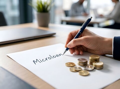 Hand Writing Microloan on Financial Document with Coins, Microfinance Lending, Small Business Loan, Startup Funding and Financial Planning Concept